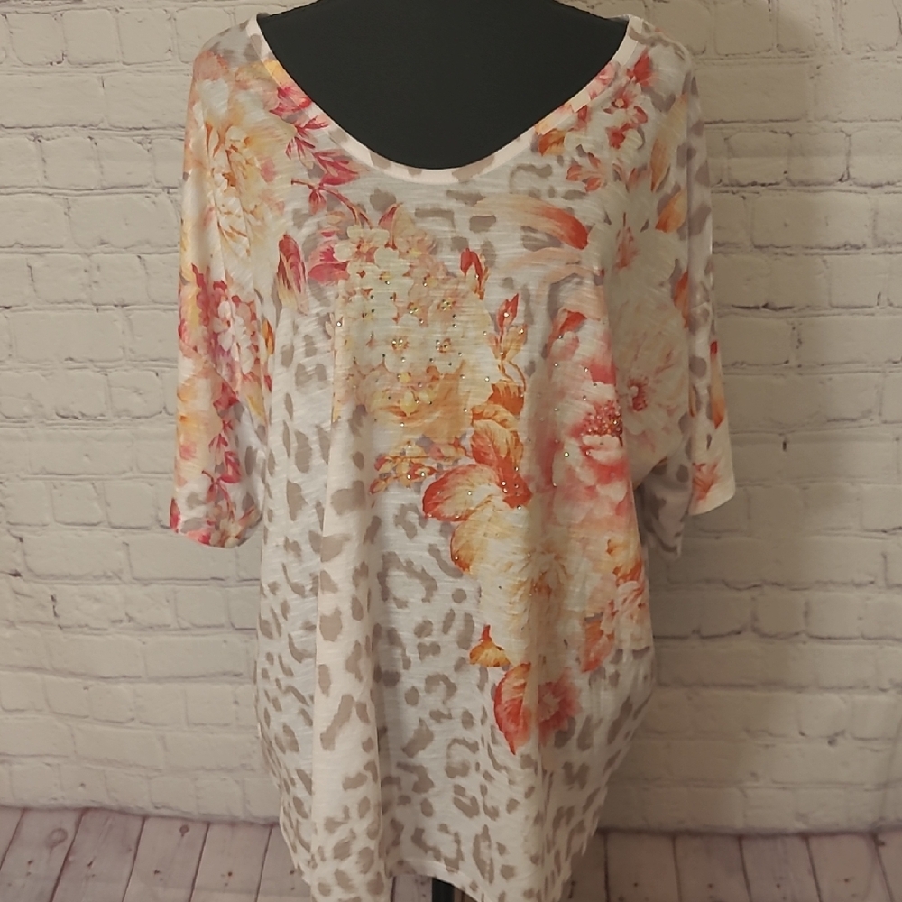 Floral Animal Print XXX(22) Short Sleeve Embellished Top Blouse Tan Pink